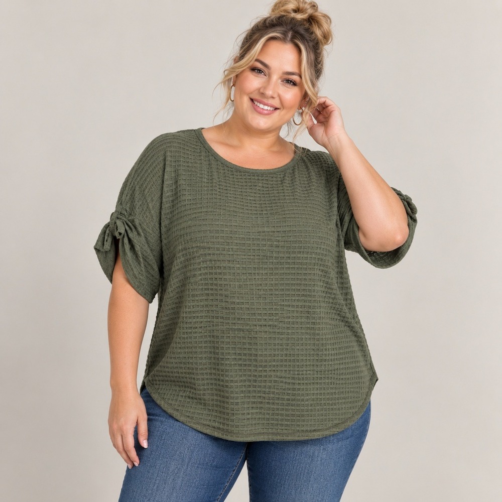 Max Studio Women 2X Ruched Sleeve Waffle Knit Pullover Top Olive Green Tunic NWT
